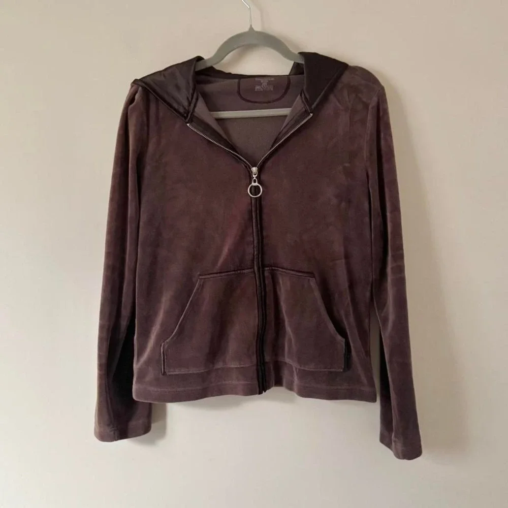 Y2K Chocoalte‎ Brown Velour Velvet Satin Hoodie Zip Up